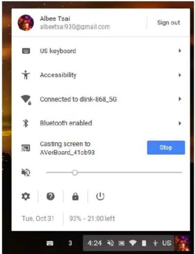 Albee Tsai albeetsai930@gmail.com | Sign out US keyboard Accessibility Connected to dlink-868_5G Bluetooth enabled Casting screen to AVerBoard_41cb93 Stop Tue, Oct 31 | 93% - 21:00 left