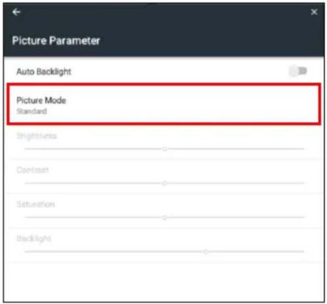 Picture Parameter Auto Backlight Picture Mode Standard Brightness Contrast Saturation Backlight