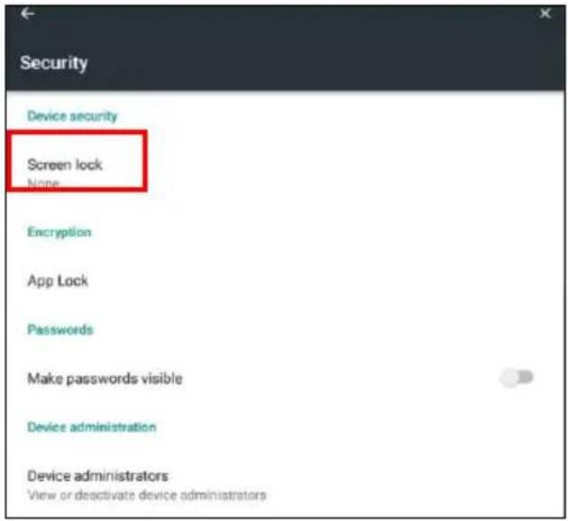 Security Device security Screen lock None Encryption App Lock Passwords Make passwords visible Device administration Device administrators View or deactivate device administrators