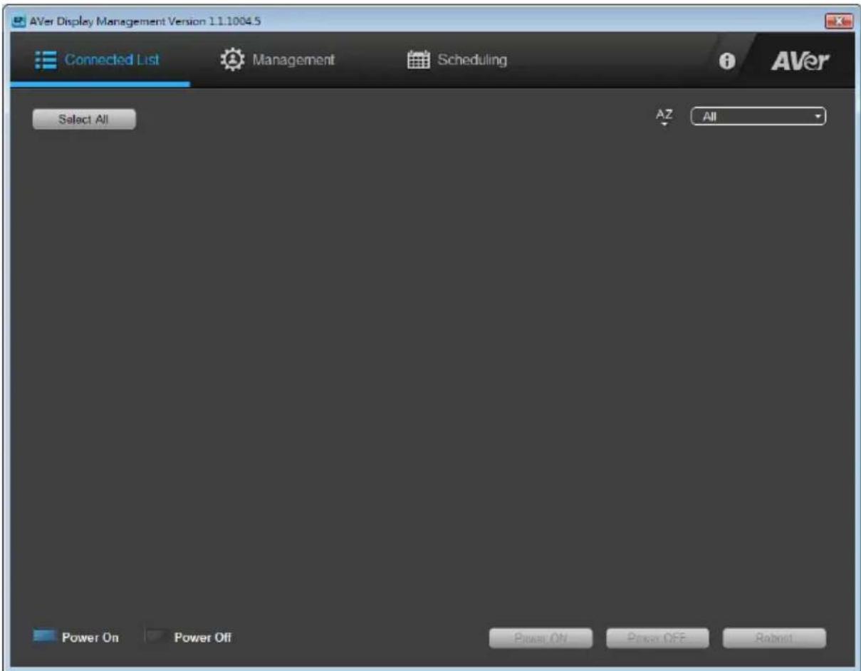 AYer Display Management Version 11.1004.5 Connected List Management Scheduling Select All AZ All Power On Power Off Power ON Power OFF Robot