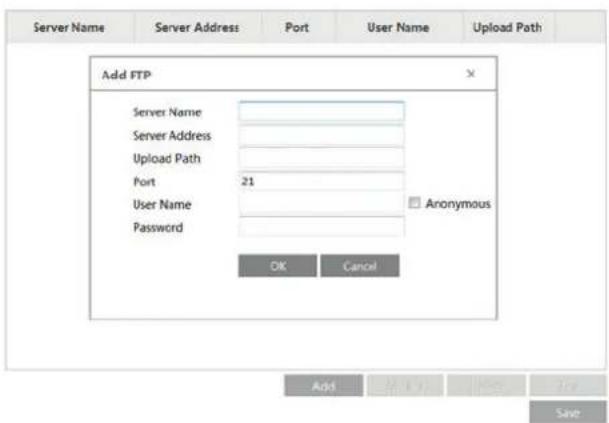 Server Name Server Address Port User Name Password Add FTP Server Name Server Address Upload Path Port 21 Anonymous OK Cancel Add Save