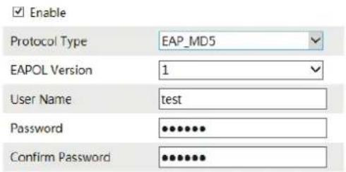 Enable Protocol Type EAP_MD5 EAPOL Version 1 User Name test Password ••••••• Confirm Password ••••••••
