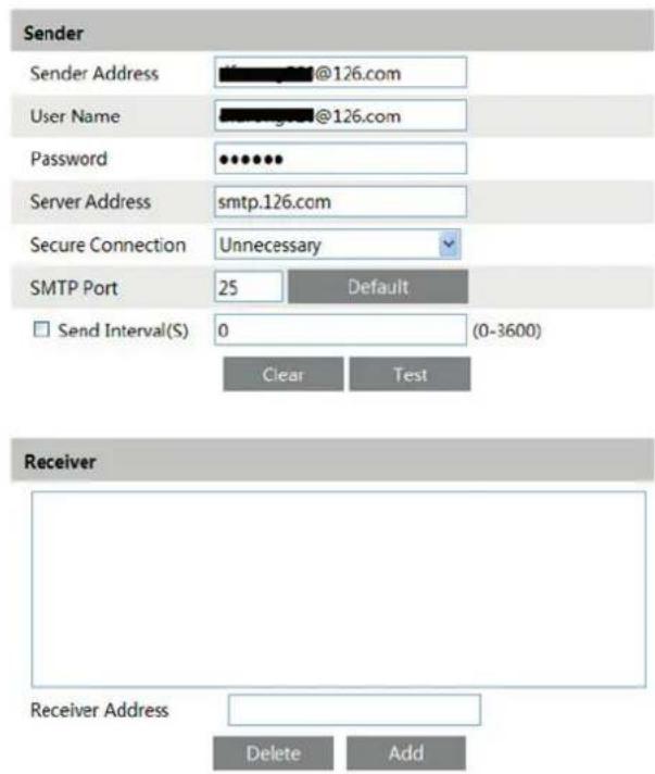 Sender Sender Address @126.com User Name @126.com Password •••••• Server Address smtp.126.com Secure Connection Unnecessary SMTP Port 25 Default Send Interval(S) 0 (0-3600) Clear Test Receiver Receiver Address Delete Add