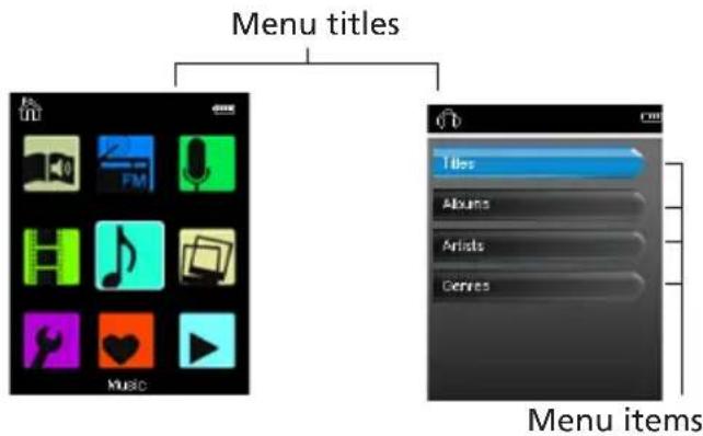 Menu titles Music Titles Albums Artists Dewires Menu items