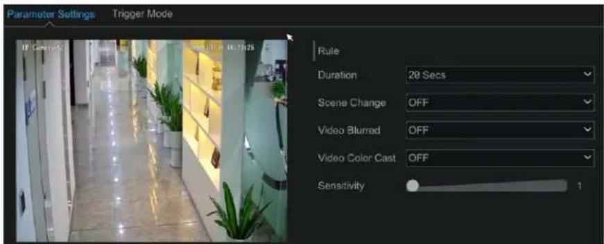 Parameter Settings Trigger Mode IF Control 20 Secs Scene Change OFF Video Blurred OFF Video Color Cast OFF Sensitivity 1