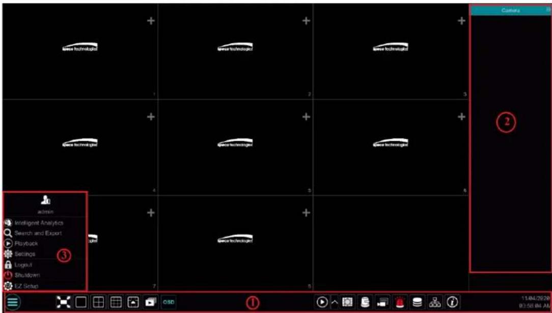 Space Technologies Space Technologies Space Technologies Space Technologies Camera 2 admin Intelligent Analytics Search and Export Playback Settings Logduit Shutdown EZ Setup 11:04/2020 B:58.04 AI
