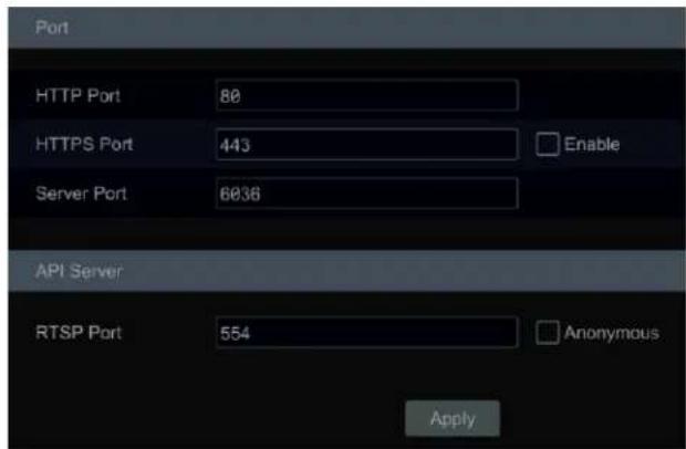 Port HTTP Port 80 HTTPS Port 443 Enable Server Port 6036 API Server RTSP Port 554 Anonymous Apply