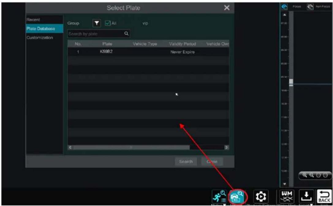 Select Plate Recent Group All vip Plate Database Search by plate Customization No. Plate Vehicle Type Validity Period Vehicle Over 1 K59B2 Never Expire Search Case Focus Next Focus