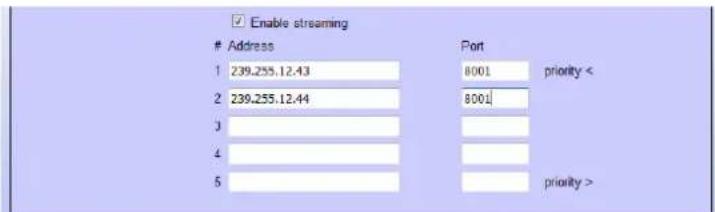 Enable streaming Address Port 1 239.255.12.43 8001 priority < 2 239.255.12.44 8001 3 4 5 priority > priority >