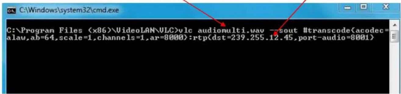 C:\Program Files (x86)\VideoLAN\VLC>vlc audiomulti.wav --sout #transcode{acodec=alaw,ab=64,scale=1,channels=1,ar=8000}:rtp{dst=239.255.12.45,port-audio=8001}