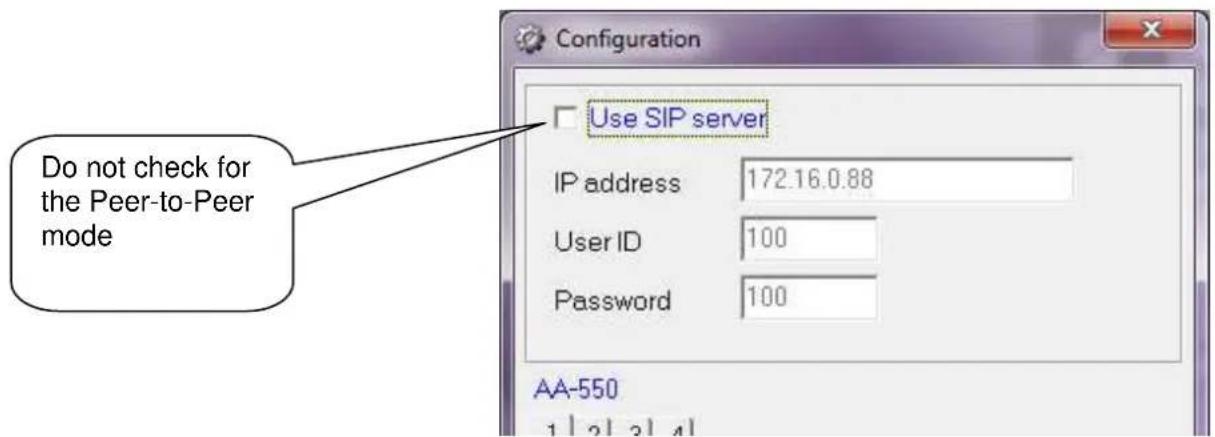Do not check for the Peer-to-Peer mode Use SIP server IP address 172.16.0.88 User ID 100 Password 100 AA-550