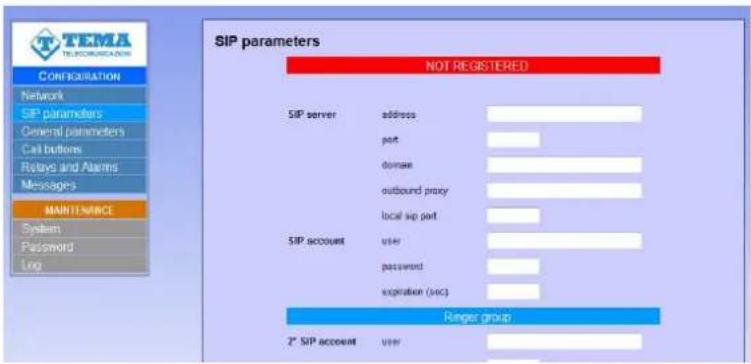 SIP parameters NOT REGISTERED SIP server addressing port domain outbound proxy local sip port SIP account user password expiration (sec) Ringer group 2" SIP account user