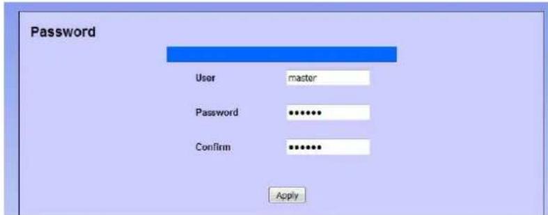 Password User master Password ******** Confirm ******** Apply