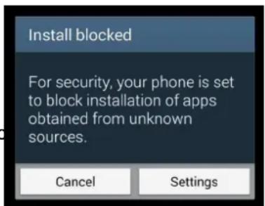 Install blocked For security, your phone is set to block installation of apps obtained from unknown sources. Cancel Settings