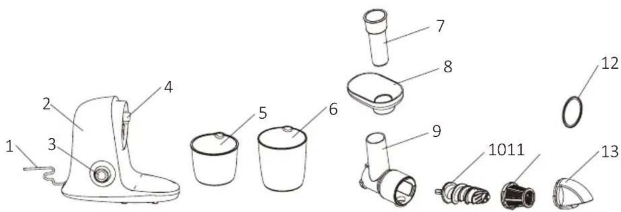 Exploded view diagram of a hairdryer with numbered parts for identification