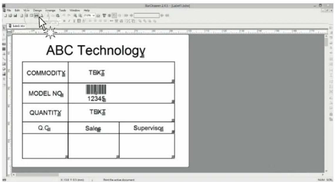 ABC Technology COMMODITY T6XT MODEL NO. 12345 QUANTITY T6XT Q.C Sales Supervisor X: 13.8 Y: 0.5 (mm) Print the active document NUM SOL