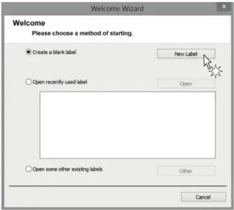Welcome Wizard Welcome Please choose a method of starting. Create a blank label New Label Open recently used label Open Open some other existing labels Other Cancel
