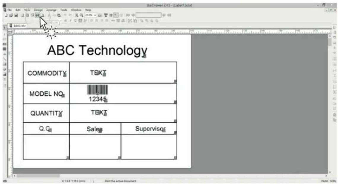 ABC Technology COMMODITY TEKT MODEL NO 12345 QUANTITY TEKT Q.C Sales Supervisor X: 13.8 Y: 0.5 (mm) Print the active document NUM SCEL