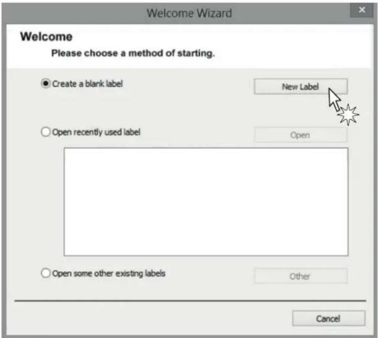 Welcome Wizard Welcome Please choose a method of starting. ● Create a blank label New Label ○ Open recently used label Open ○ Open some other existing labels Other Cancel