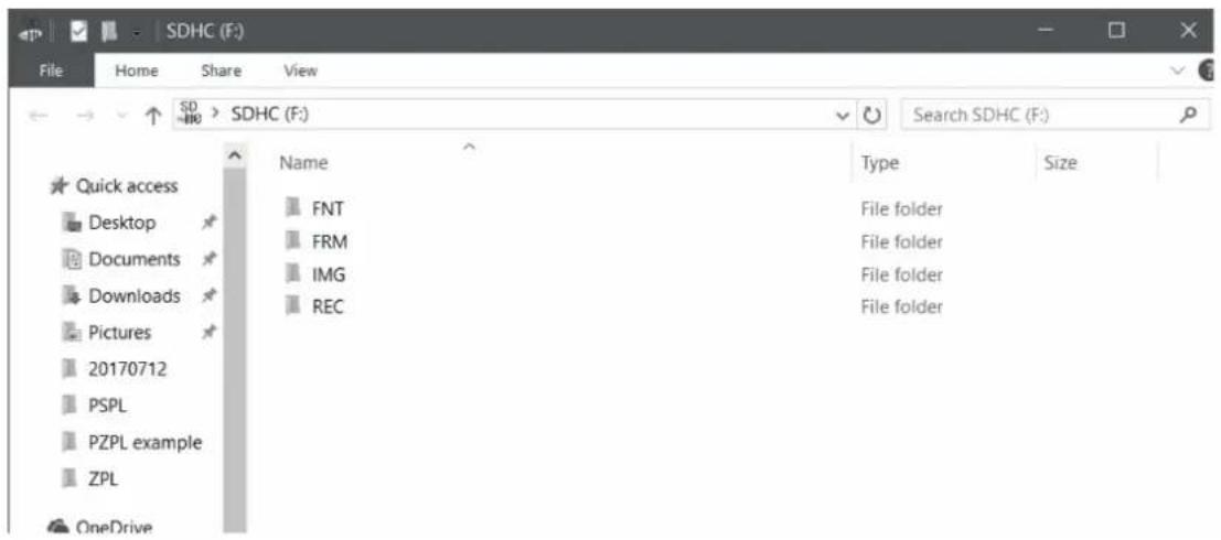SDHC (F:) File Home Share View SDH0 > SDHC (F:) Search SDHC (F:) Name Type Size Quick access Desktop Documents Downloads Pictures 20170712 PSPL PZPL example ZPL OneDrive FNT FRM IMG REC File folder File folder File folder File folder