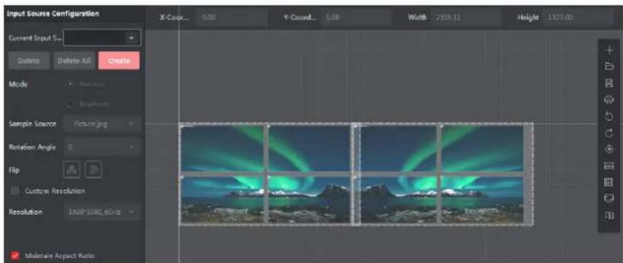 Input Source Configuration X-Color: 0.00 Y-Coord: 0.00 Width: 2099.11 Height: 1977.00 Current Input 5u Delete Delete All Create Mode Sample Source Picture.jpg Rotation Angle 0 Flip Custom Resolution Resolution 1900*5080.80Hz Maintain Aspect Ratio