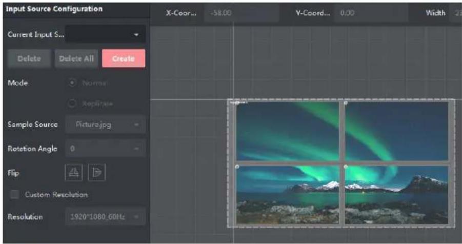 Input Source Configuration X-Coord... -58.00 Y-Coord... 0.00 Width 23 Current Input S... Delete Delete All Create Mode Normal Sequence Sample Source Picture.jpg Rotation Angle 0 Flip Custom Resolution Resolution 1920*1080.60Hz