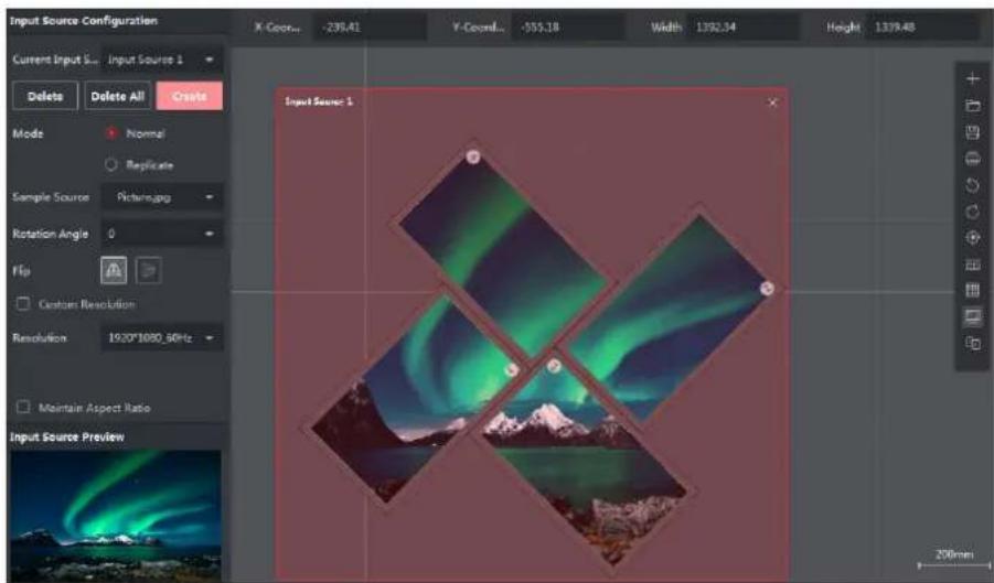Input Source Configuration Current Input S... Input Source 1 Delete Delete All Create Mode Normal Replicate Sample Source Picture.jpg Rotation Angle 0 Flip Custom Revolution Resolution 1920*1080.60Hz Maintain Aspect Ratio Input Source Preview X-Geos... -239,41 Y-Geos... -555,18 Width 1392,54 Height 1339,48 Input Source 1 200mm