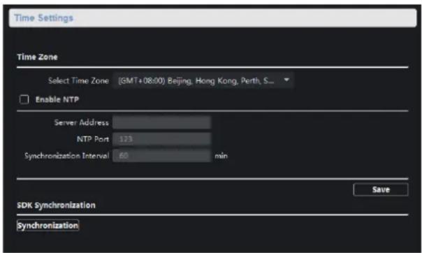 Time Settings Time Zone Select Time Zone (GMT+08:00) Beijing, Hong Kong, Perth, S... Enable NTP Server Address NTP Port 123 Synchronization Interval 60 min SDK Synchronization Synchronization Save
