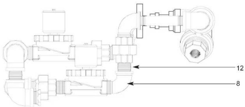 Technical diagram of a mechanical piping system with labeled components and numbered parts