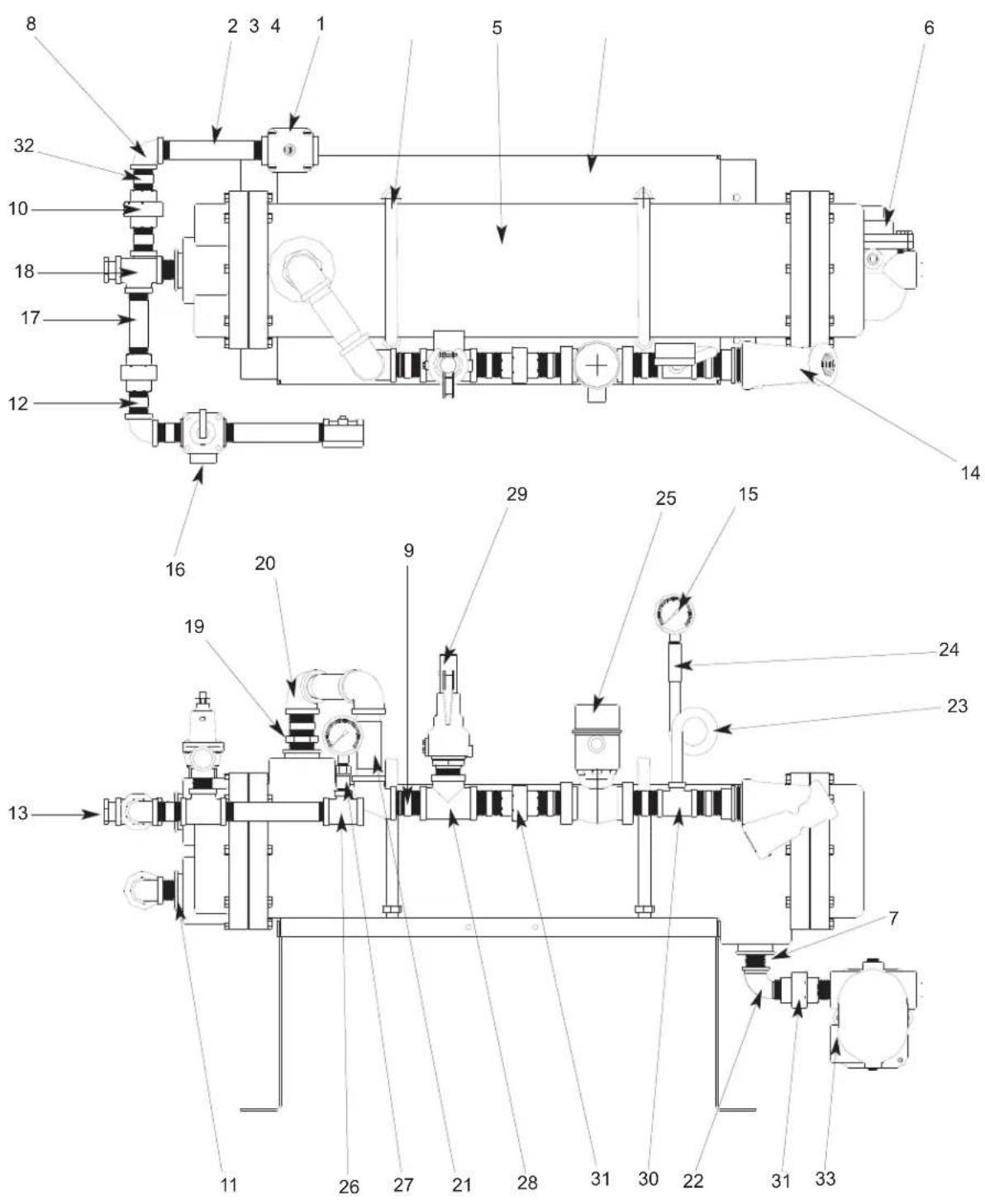 Technical schematic diagram of a mechanical or fluid system with numbered components and flow paths