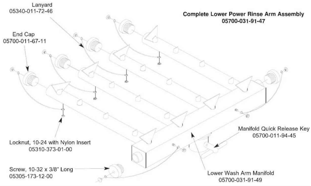 Lanyard 05340-011-72-46 End Cap 05700-011-67-11 Locknut, 10-24 with Nylon Insert 05310-373-01-00 Screw, 10-32 x 3/8" Long 05305-173-12-00 Complete Lower Power Rinse Arm Assembly 05700-031-91-47 Manifold Quick Release Key 05700-011-94-45 Lower Wash Arm Manifold 05700-031-91-49