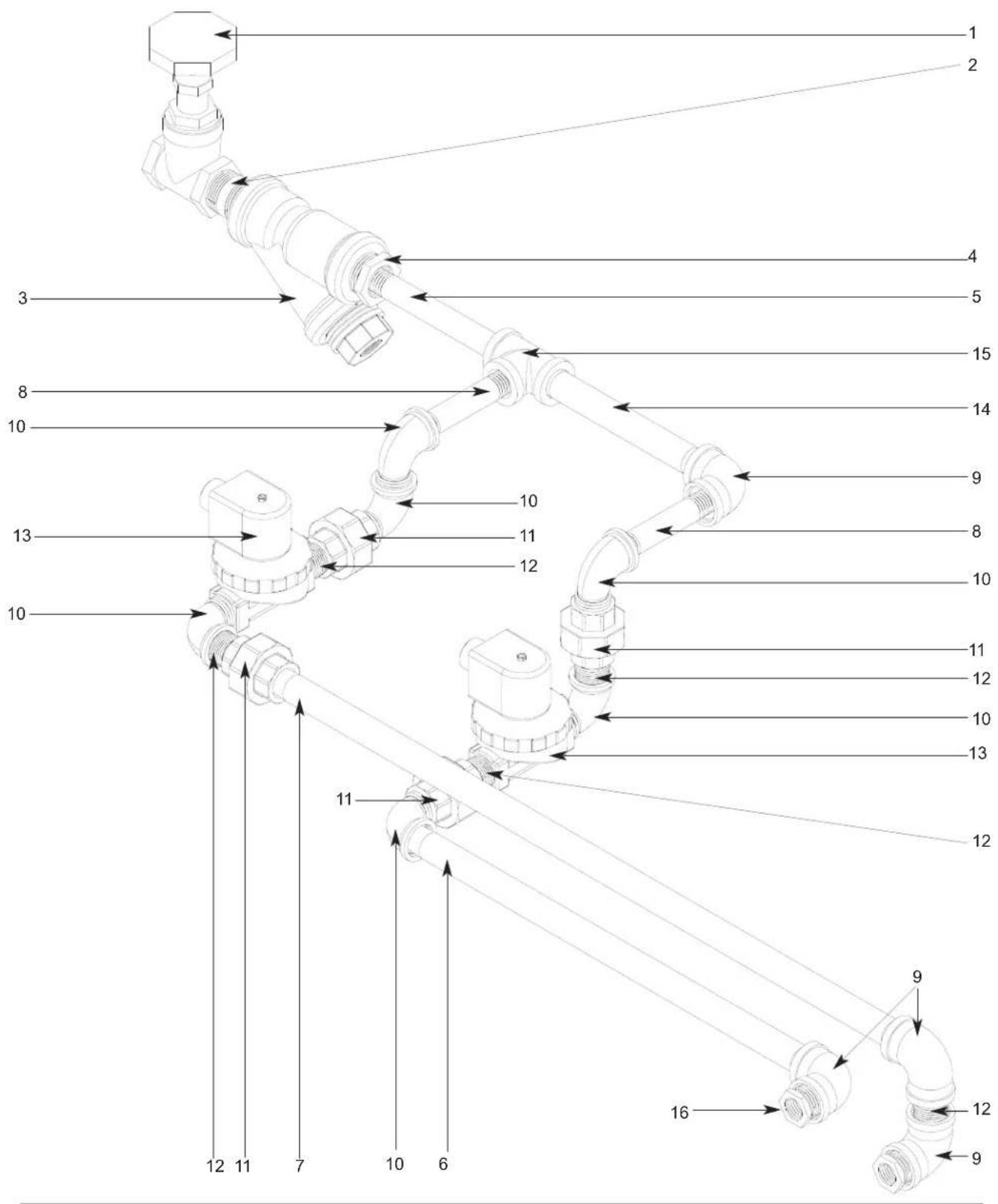 Technical diagram of a mechanical piping system with numbered components and directional arrows indicating flow or assembly.