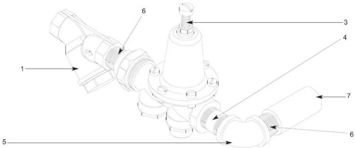 Technical diagram of a mechanical valve assembly with numbered parts labeled 1 through 7