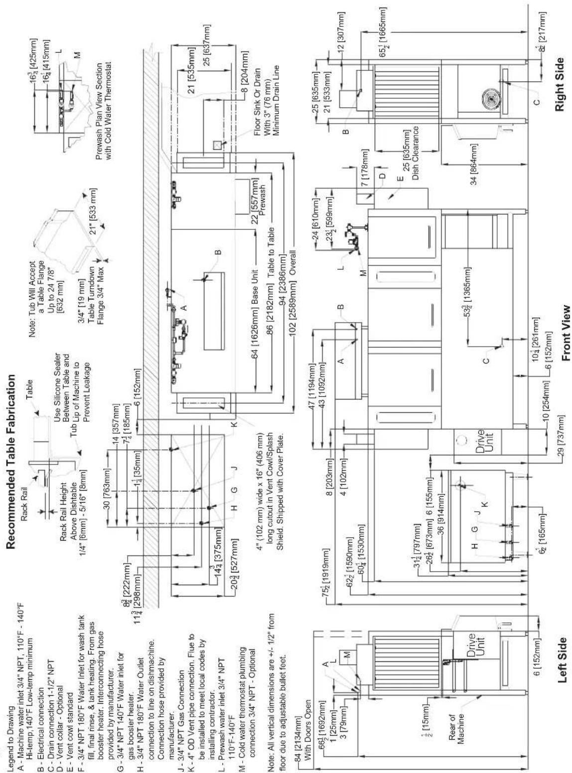 Legend to Drawing A - Machine water inlet 3/4" NPT, 110°F - 140°F Hi-temp, 140°F Low-lemp minimum B - Electrical connection C - Drain connection 1-1/2" NPT D - Vent collar - Optional E - Vent cowl standard F - 3/4" NPT 180°F Water Inlet for wash tank fill, final rinse, & tank heating. From gas booster heater. Interconnecting hose provided by manufacturer. G - 3/4" NPT 140°F Water inlet for gas booster heater. H - 3/4" NPT 180°F Water Outlet connection to line on dishmachine. Connection hose provided by manufacturer. J - 3/4" NPT Gas Connection K - 4" OD Vent pipe connection. Flue to be installed to meet local codes by installing contractor. L - Prewash water inlet 3/4" NPT 110°F-140°F M - Cold water thermostat plumbing connection 3/4" NPT - Optional Note: All vertical dimensions are +/- 1/2" from floor due to adjustable bullet feet. Recommended Table Fabrication Rack Rail Rack Rail Height Above Dishtable 1/4" [6mm] - 5/16" [8mm] Table Use Silicone Sealer Between Table and Lip of Machine to Prevent Leakage Note: Tub Will Accept a Table Flange Up to 24 7/8" [632 mm] 3/4" [19 mm] Table Turndown Flange 3/4" Max 21" [533 mm] Prewash Plan View Section with Cold Water Thermostat 8³ [222mm] 11³ [298mm] 30 [763mm] 14 [357mm] 7¹ [185mm] 6 [152mm] 14³ [375mm] 20³ [527mm] H G J K 4" (102 mm) wide x 16" (406 mm) long cutout in Vent Cowl/Splash Shield. Shipped with Cover Plate. A B 64 [1626mm] Base Unit 22 [557mm] Prewash Floor Sink Or Drain With 3" (76 mm) Minimum Drain Line 102 [2589mm] Overall 8 [204mm] 21 [535mm] 25 [637mm] 8 [204mm] 64 [1626mm] Base Unit 22 [557mm] Prewash Floor Sink Or Drain With 3" (76 mm) Minimum Drain Line 75² [1919mm] 8 [203mm] 4 [102mm] 47 [1194mm] 43 [1092mm] 62² [1590mm] 60² [1530mm] A B L 24 [610mm] 23² [599mm] 31½ [797mm] 26½ [673mm] 6 [155mm] 36 [914mm] H G J K Drive Unit 6² [165mm] 6² [165mm] 53³ [1365mm] C 10 [254mm] 10½ [261mm] 6 [152mm] 34 [864mm] B 25 [635mm] 21 [533mm] 12 [307mm] 65½ [1665mm] Right Side C 8² [217mm] Left Side 66½ [1692mm] 1 [25mm] 3 [79mm] A L M Rear of Machine Drive Unit