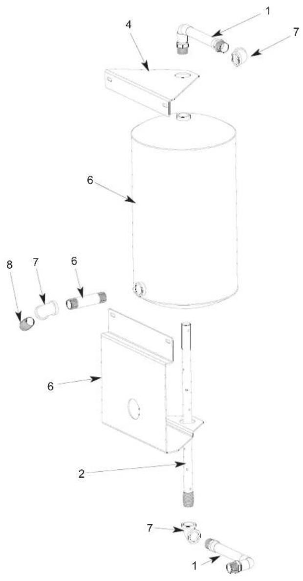 Technical diagram of a water tank assembly with numbered components for identification
