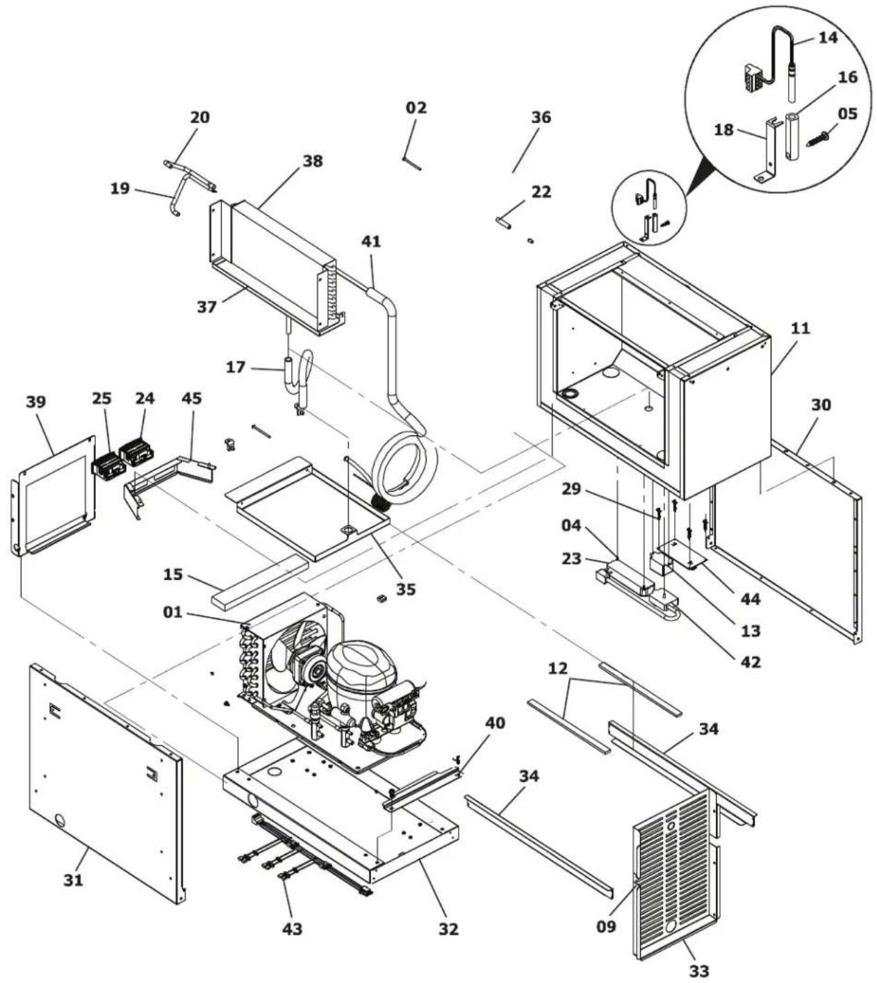 Exploded view diagram of a refrigerator assembly with numbered components and an inset showing internal parts with numbered labels.
