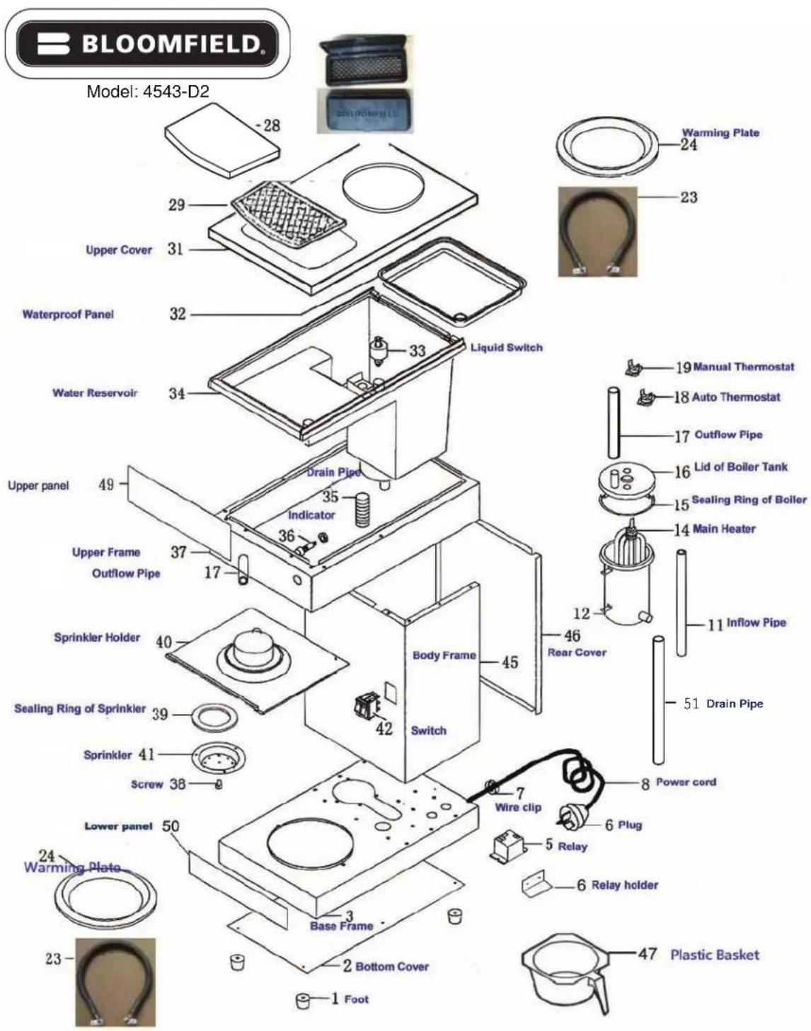 BLOOMFIELD Model: 4543-D2 -28 29 31 Upper Cover Waterproof Panel Water Reservoir 32 33 Liquid Switch 34 49 Upper panel Drain Pipe Indicator 36 37 17 Upper Frame Outflow Pipe Sprinkler Holder 40 Sealing Ring of Sprinkler 39 Sprinkler 41 Screw 38 Lower panel 50 24 Warming Plate 23 Base Frame 3 2 Bottom Cover 1 Foot 12 19 Manual Thermostat 18 Auto Thermostat 17 Outflow Pipe 16 Lid of Boiler Tank 15 Sealing Ring of Boiler 14 Main Heater 11 Inflow Pipe 46 Rear Cover 45 Body Frame Switch 42 51 Drain Pipe 7 Wire clip 6 Plug 5 Relay 6 Relay holder 8 Power cord 47 Plastic Basket