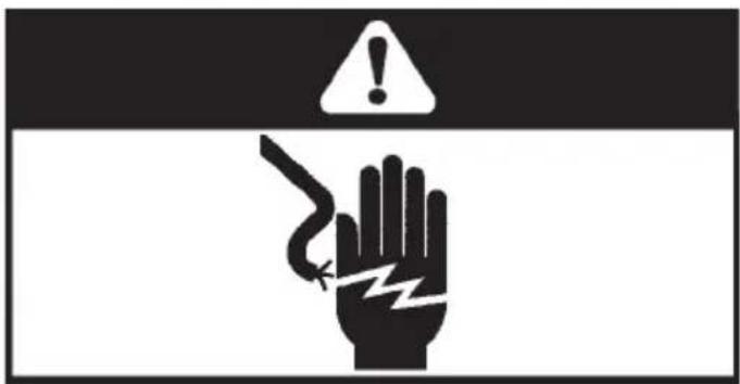 Warning sign with hand holding a lightning bolt and exclamation mark above, indicating hazard or caution