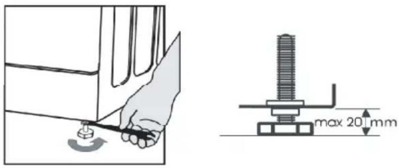 Technical diagram showing a hand operating a screw with a tool, alongside a mechanical assembly with a 20 mm dimension标注.
