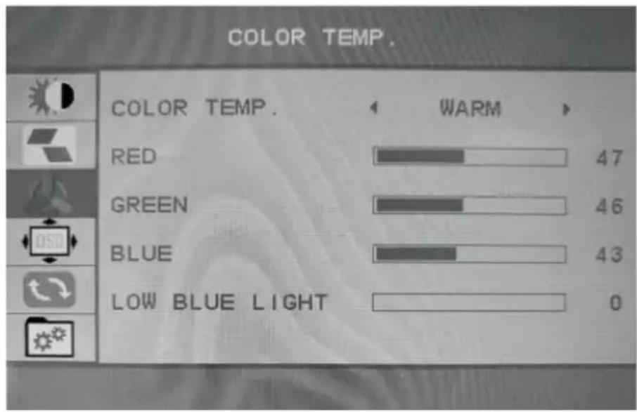 COLOR TEMP. COLOR TEMP. WARM RED 47 GREEN 46 BLUE 43 LOW BLUE LIGHT 0