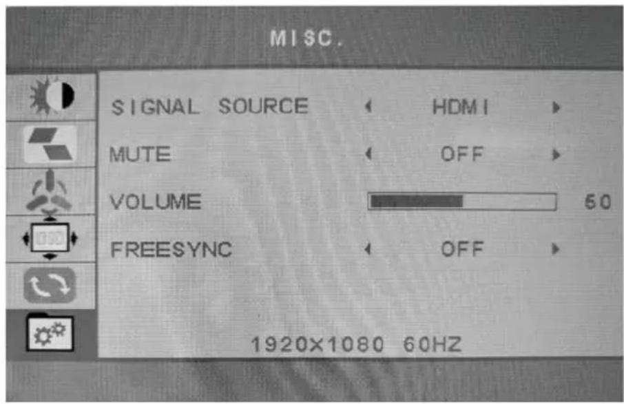 MISC. SIGNAL SOURCE HDMI MUTE OFF VOLUME 60 FREESYNC OFF 1920×1080 60HZ