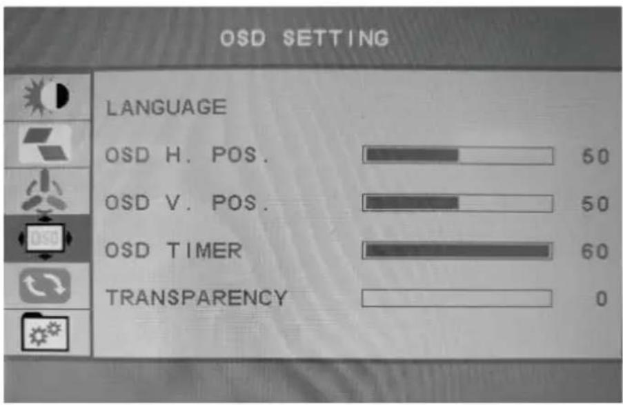 OSD SETTING LANGUAGE OSD H. POS. OSD V. POS. OSD TIMER TRANSPARENCY 50 50 60 0