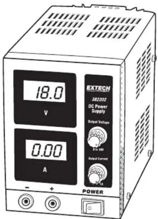 18.0 V 0.00 A - + EXTECH 382202 DC Power Supply Output Voltage 5% 20V Output Current - - 1A POWER