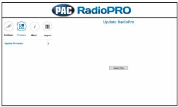 PAC RadioPRO Update RadioPro Configure Firmware About Support Update Firmware > Select File