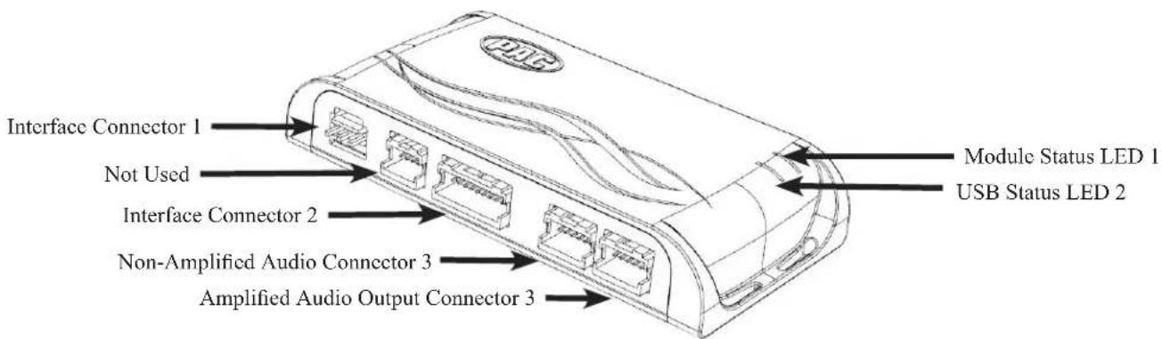 Interface Connector 1 Not Used Interface Connector 2 Non-Amplified Audio Connector 3 Amplified Audio Output Connector 3 Module Status LED 1 USB Status LED 2