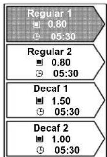 Regular 1 0.80 05:30 Regular 2 0.80 05:30 Decaf 1 1.50 05:30 Decaf 2 1.00 05:30