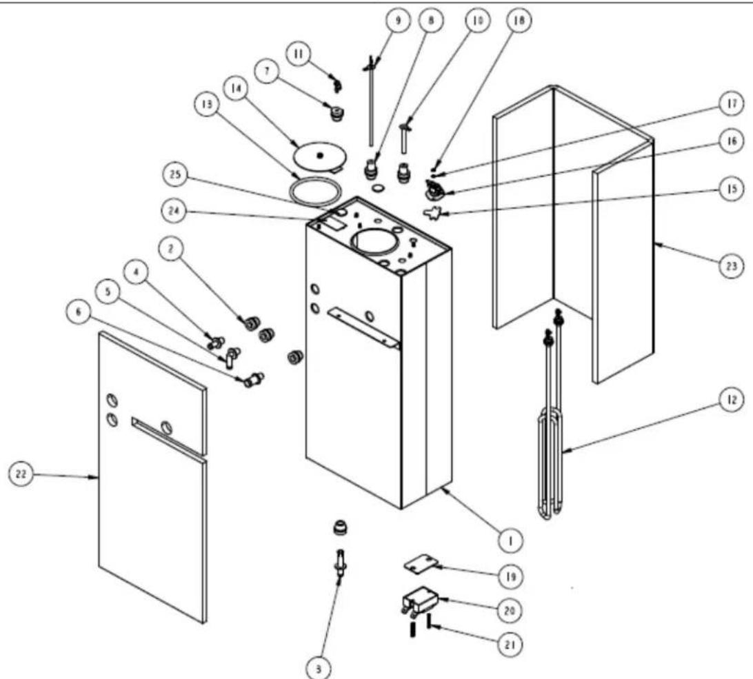 Exploded view diagram of a refrigerator with numbered parts for identification