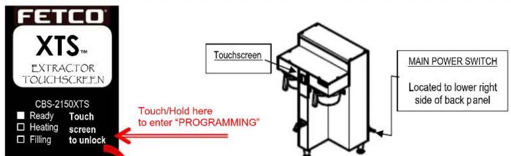 FETCO XTS™ EXTRACTOR TOUCHSCREEN CBS-2150XTS Ready Touch Heating screen Filling to unlock Touch/Hold here to enter "PROGRAMMING" Touchscreen MAIN POWER SWITCH Located to lower right side of back panel