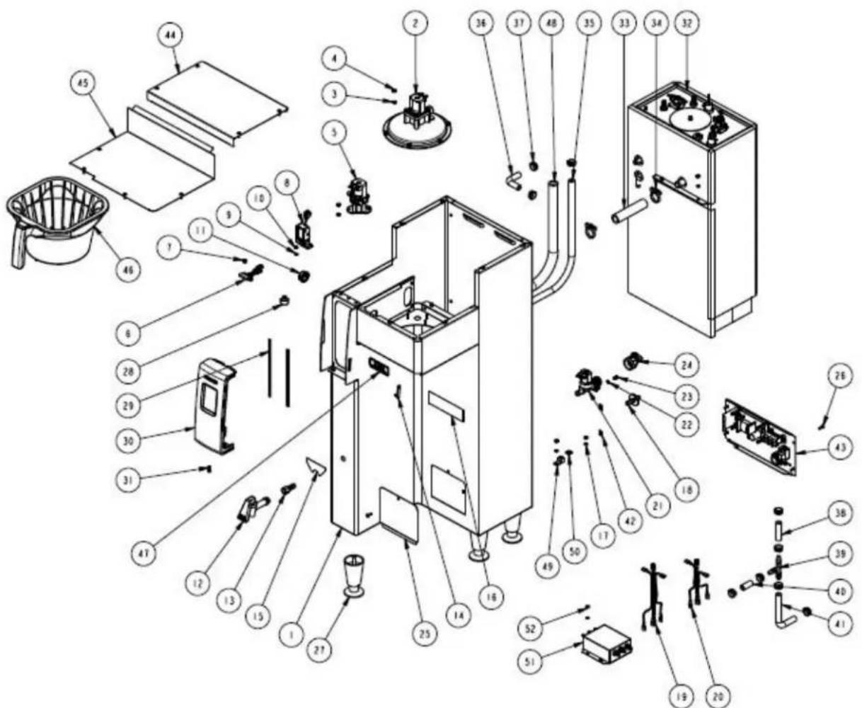 Exploded view diagram of a kitchen appliance with numbered parts for identification