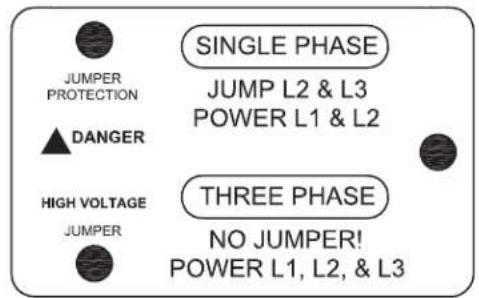 JUMPER PROTECTION ▲DANGER HIGH VOLTAGE JUMPER SINGLE PHASE JUMP L2 & L3 POWER L1 & L2 THREE PHASE NO JUMPER! POWER L1, L2, & L3